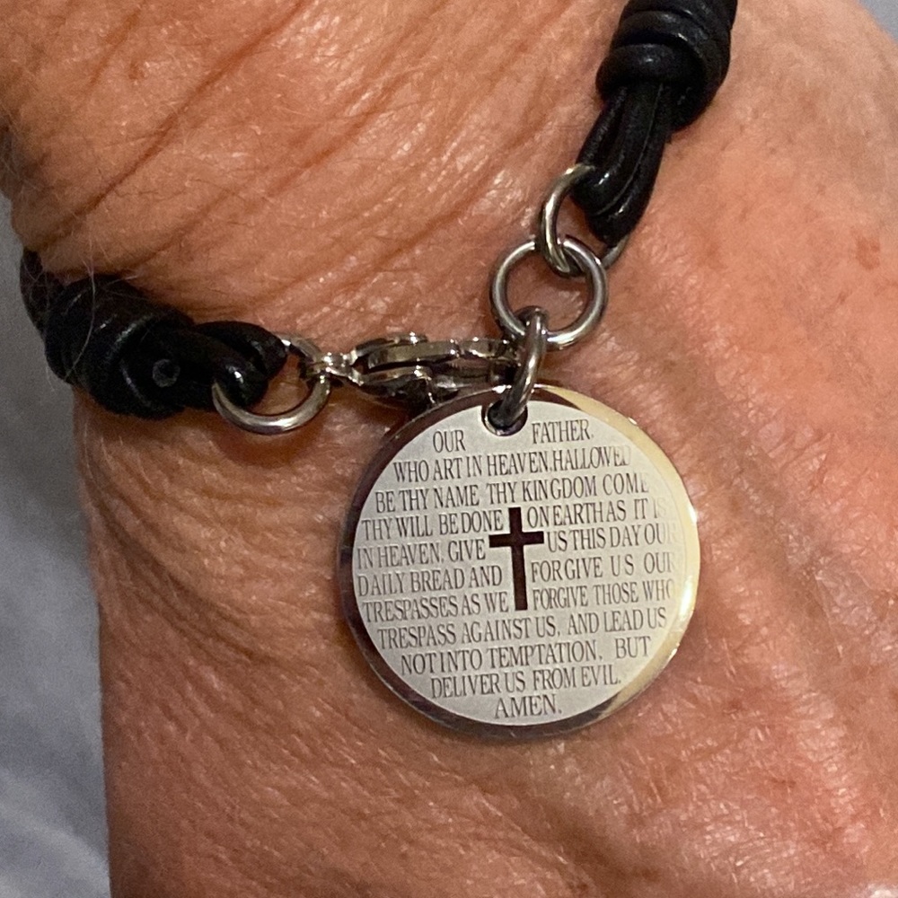 Stainless Steel Leather Bracelet with The Lord’s Prayer